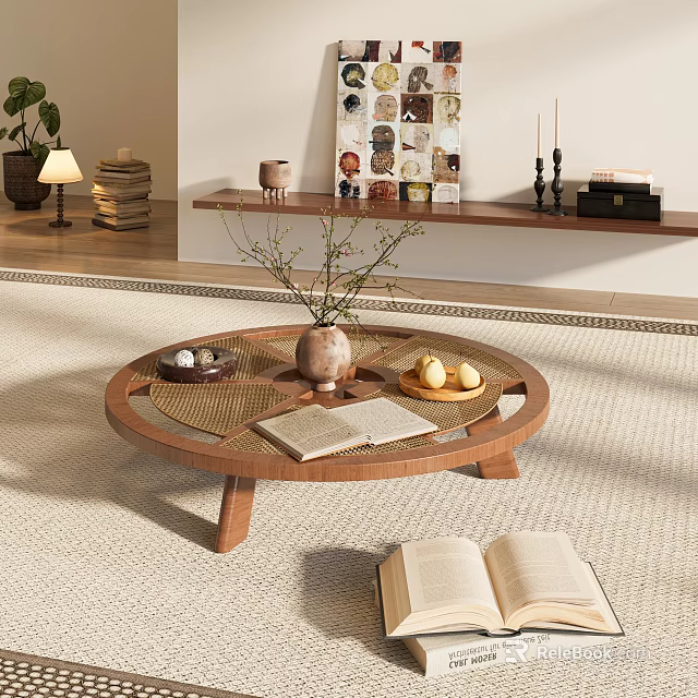 Round Wooden Coffee Table with Vase Books Fruits and Woven Mat on Soft Rug 3d model 