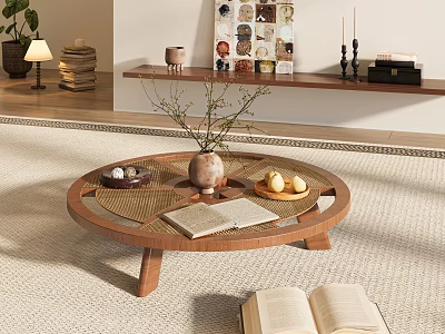 Round Wooden Coffee Table with Vase Books Fruits and Woven Mat on Soft Rug 3d model