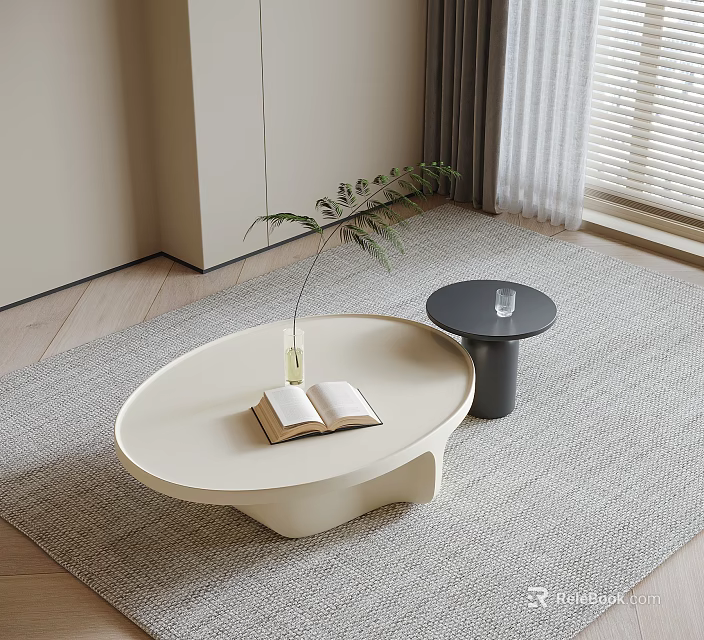 Cream Oval Coffee Table with Open Book Vase and Black Round Table on Woven Carpet 3d model 
