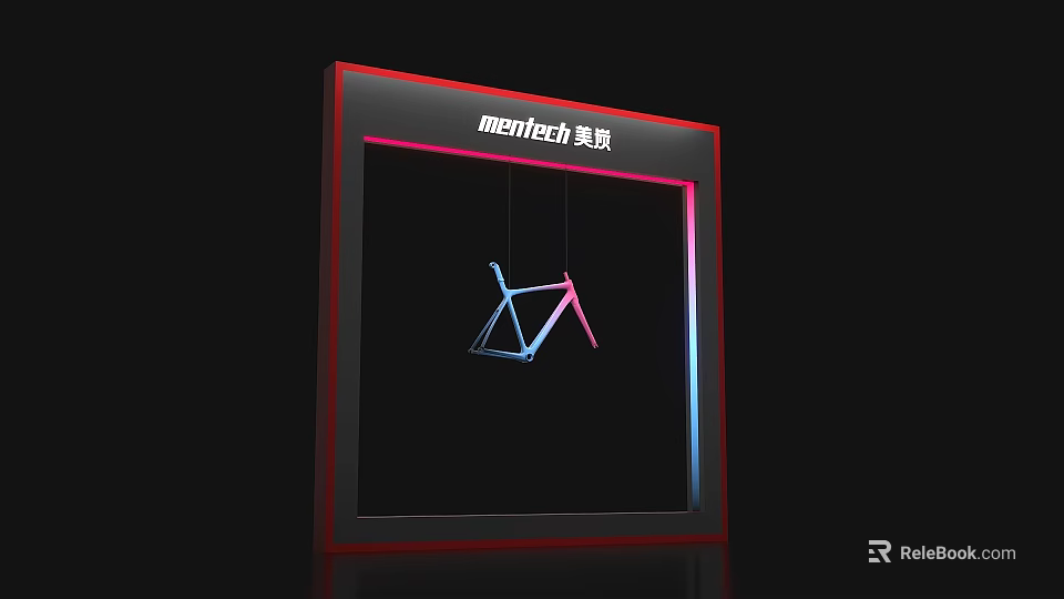 Meritech Event Display Wall With Red Frame Hanging Bicycle Model And Neon Lights 3d model 