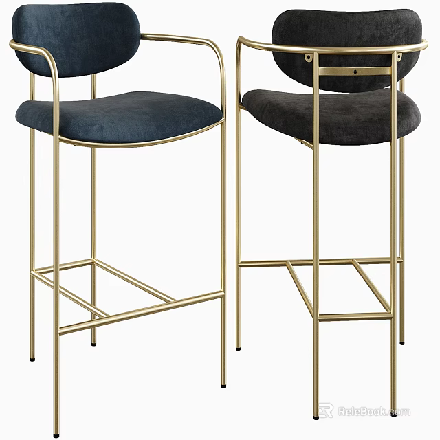 Stylish Modern Stools with Gold Metal Frame and Dark Blue Black Upholstered Seats 3d model 