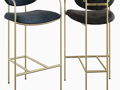 Stylish Modern Stools with Gold Metal Frame and Dark Blue Black Upholstered Seats 3d model