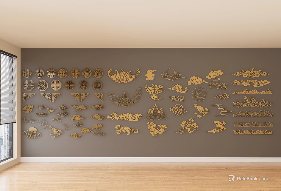 Golden Carvings in Various Shapes on Gray Wall with Wooden Floor 3d model 