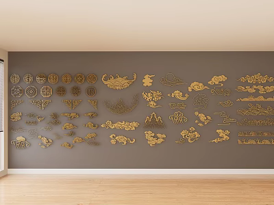 Golden Carvings in Various Shapes on Gray Wall with Wooden Floor 3d model