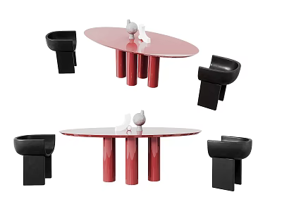 Modern Oval Red Dining Table Set With Black Chairs And Decorative Accents 3d model