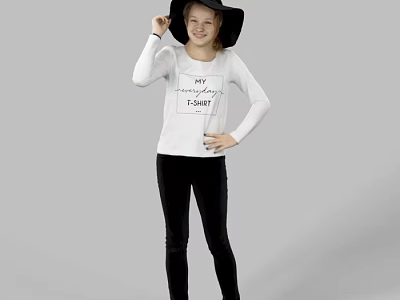 Girl Wearing Wide Brimmed Hat White Long Sleeve Top With Text And Black Leggings Against Gray Background 3d model