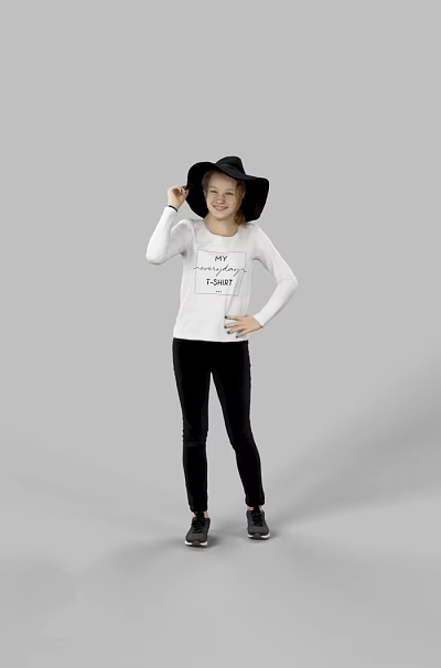 Girl Wearing Wide Brimmed Hat White Long Sleeve Top With Text And Black Leggings Against Gray Background 3d model