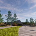 Modern Sales Office Building Exterior With Circular Roofs And Surrounding Trees