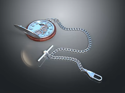 Vintage Pocket Watch Clothing Accessory With Silver Chain Blue Dial And Gear Details 3d model