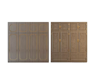 Simple Gray And Traditional Brown Wardrobes With Golden Lines Carved Patterns Handles 3d model