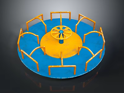Circular Architectural Structure With Blue Base Yellow Center And Orange Railings 3d model