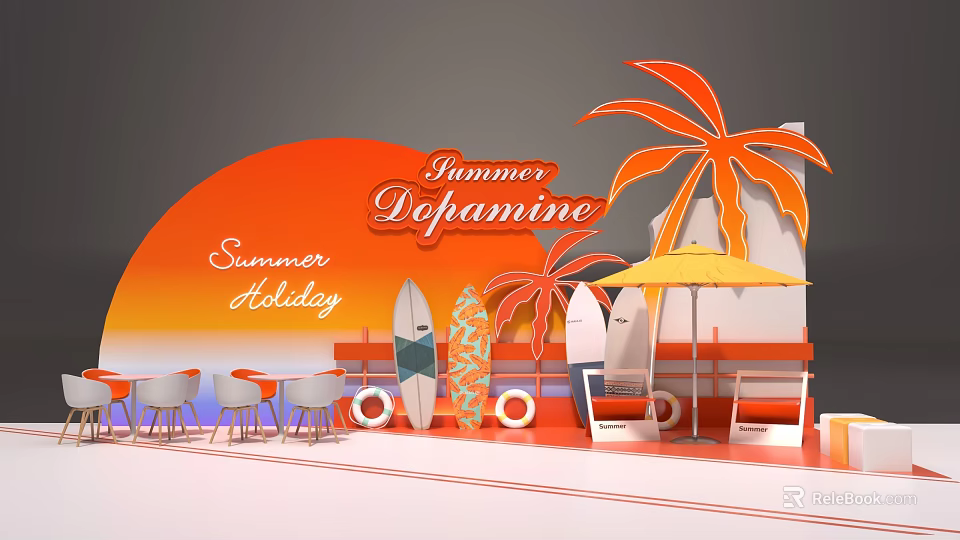 Summer Holiday Scene With Dopamine Theme Palm Trees Surfboards Umbrella And Chairs 3d model 