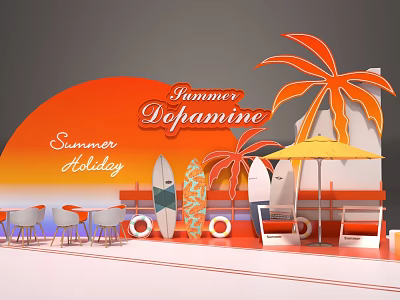 Summer Holiday Scene With Dopamine Theme Palm Trees Surfboards Umbrella And Chairs 3d model