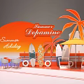 Summer Holiday Scene With Dopamine Theme Palm Trees Surfboards Umbrella And Chairs