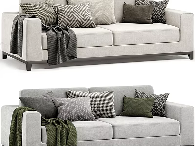 Modern Two Seater Sofa With Decorative Pillows And Knitted Throw Blanket 3d model