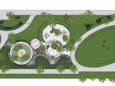 Beautiful Park Landscape With Green Lawn Circular Rest Areas Trees And Winding Paths 3d model