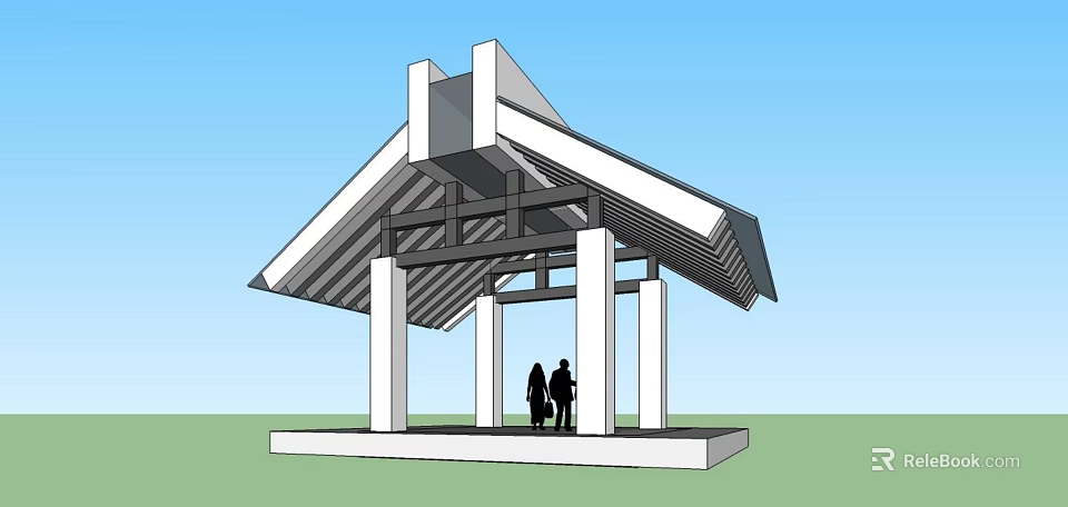 Modern Covered Pavilion Structure With Sloped Roof And White Columns Where People Stand 3d model 