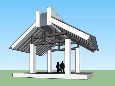 Modern Covered Pavilion Structure With Sloped Roof And White Columns Where People Stand 3d model