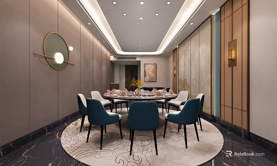 Elegant Private Dining Room With Round Table Blue Chairs And Decorative Elements 3d model