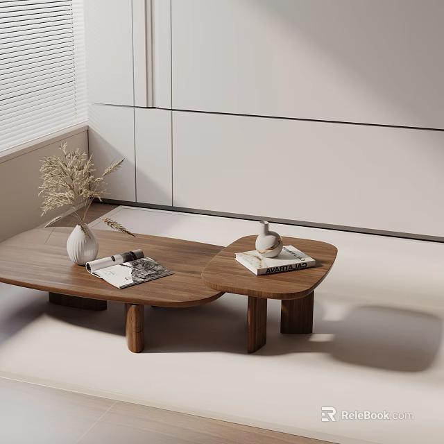 Modern Wooden Sofa and Coffee Table Set with Vase Magazines Books White Wall and Blinds 3d model 