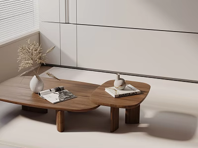 Modern Wooden Sofa and Coffee Table Set with Vase Magazines Books White Wall and Blinds 3d model