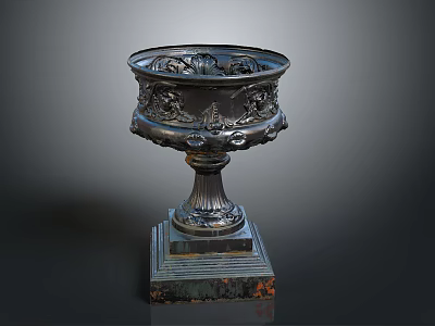 Silver Carved Decorative Vessel With Intricate Patterns And Pedestal Base 3d model