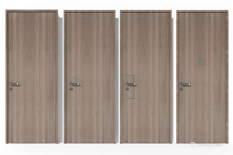 Four Wooden Hinged Doors With Modern Design And Simple Handles For Home Interior 3d model 