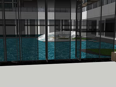 Glass Feature Wall Design In Modern Building Courtyard With Pool And Reflection 3d model