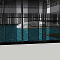 Glass Feature Wall Design In Modern Building Courtyard With Pool And Reflection