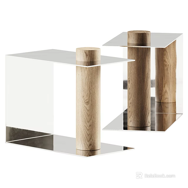 Modern Minimalist Side Table with Transparent Acrylic Top and Wooden Column Design 3d model 