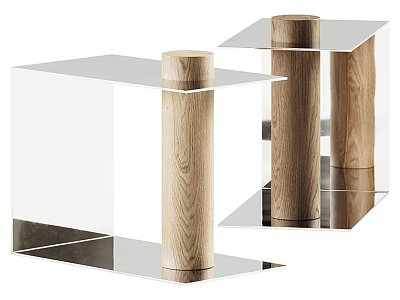 Modern Minimalist Side Table with Transparent Acrylic Top and Wooden Column Design 3d model