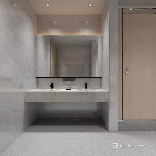 Modern Bathroom Vanity With Double Faucets Mirror And Light Gray Marble Walls 3d model 