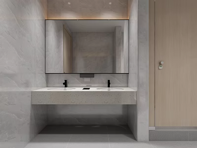 Modern Bathroom Vanity With Double Faucets Mirror And Light Gray Marble Walls 3d model