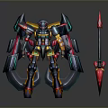 Futuristic Game Movie Character Vibrant Colored Mech Warrior With Red Spear And Mechanical Armor