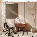Bedside Table With Table Lamp Books And Black Sculpture Near Potted Tree On Checkered Rug