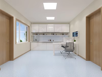 Modern Workspace Interior With White Cabinets Workbench Chair Monitor Window Wooden Doors And Light Floor 3d model
