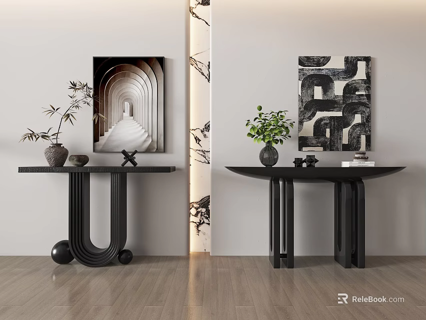 Modern Black Console Tables Interior Design With Green Plants And Decorative Artwork 3d model 