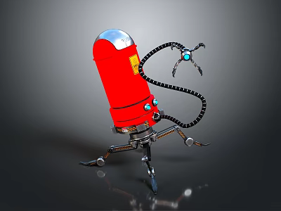 Red Robot With Silver Top Yellow Label Black Mechanical Arms And Blue Eyes Mechanical Legs 3d model