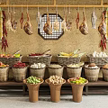 Traditional Food Display On Wooden Shelf With Hanging Hams Chilies And Baskets Of Vegetables Fruits
