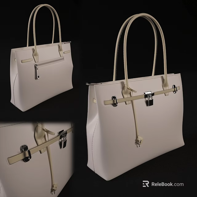 Stylish White Leather Handbag With Metal Lock And Elegant Handles For Modern Fashion 3d model 