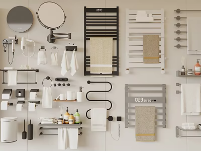 Modern Bathroom Accessories With Round Mirrors Towel Racks Shelves And Towels 3d model