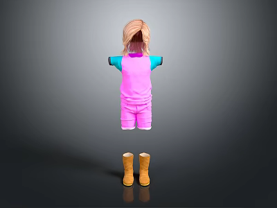 Mannequin Wearing Pink Overalls Blue Long Sleeve Top And Yellow Boots 3d model