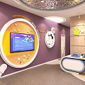 Vibrant Kindergarten Indoor Space With Circular Wall Decor Interactive Screen And Colorful Seats