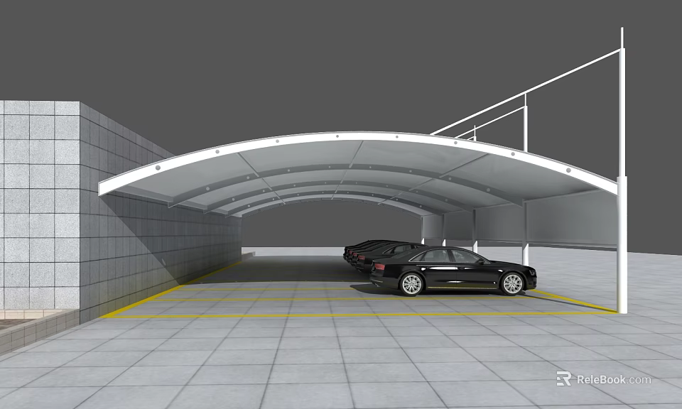White Canopy Covered Outdoor Car Parking Area With Modern Curved Design 3d model 