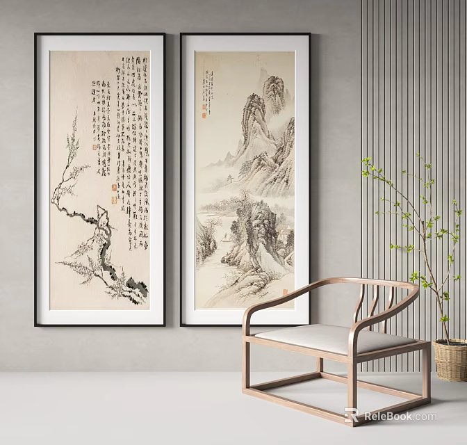 Traditional Chinese Paintings With Wooden Chair And Green Plant In Interior 3d model 