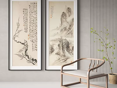 Traditional Chinese Paintings With Wooden Chair And Green Plant In Interior 3d model
