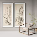 Traditional Chinese Paintings With Wooden Chair And Green Plant In Interior
