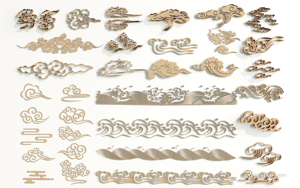 Traditional Wooden Carved Window Decorative Designs With Cloud And Wave Patterns 3d model