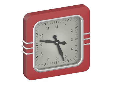 Stylish Red Square Clock With Gray Dial Black Hands Numbers And Silver Decorative Strips 3d model