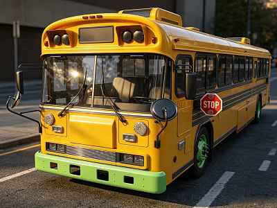 Bright Yellow School Bus With Stop Sign Green Wheels On City Street 3d model